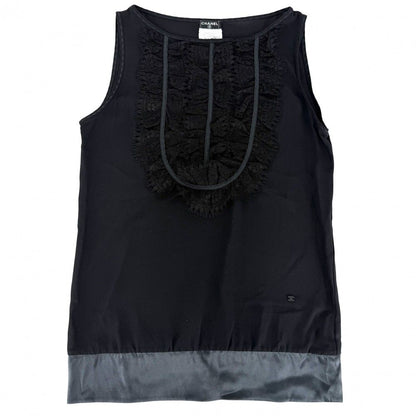 Chanel Tank Top Sleeveless Top CC Logo Lace 38 Black Silk Summer