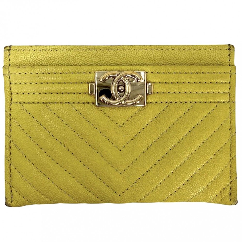 Chanel Card Case Stitch Boy CC Logo Caviar Leather Yellow Gold