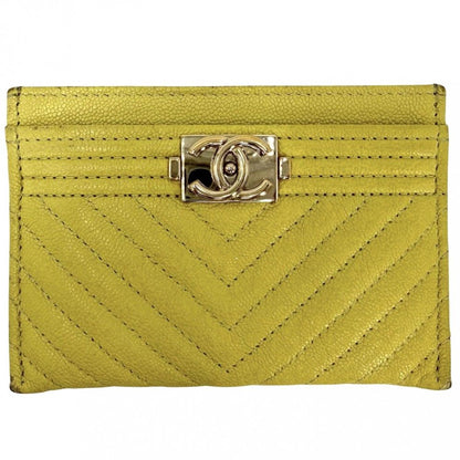 Chanel Card Case Stitch Boy CC Logo Caviar Leather Yellow Gold