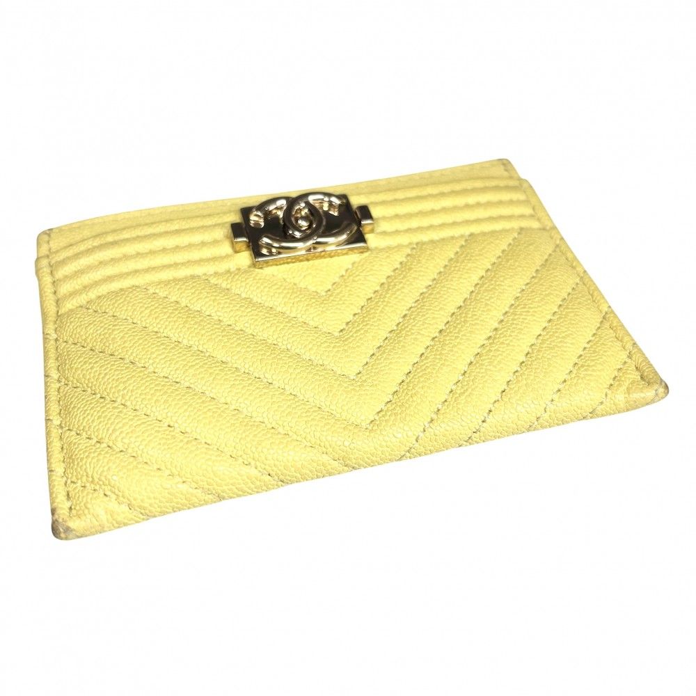 Chanel Card Case Stitch Boy CC Logo Caviar Leather Yellow Gold — view 3