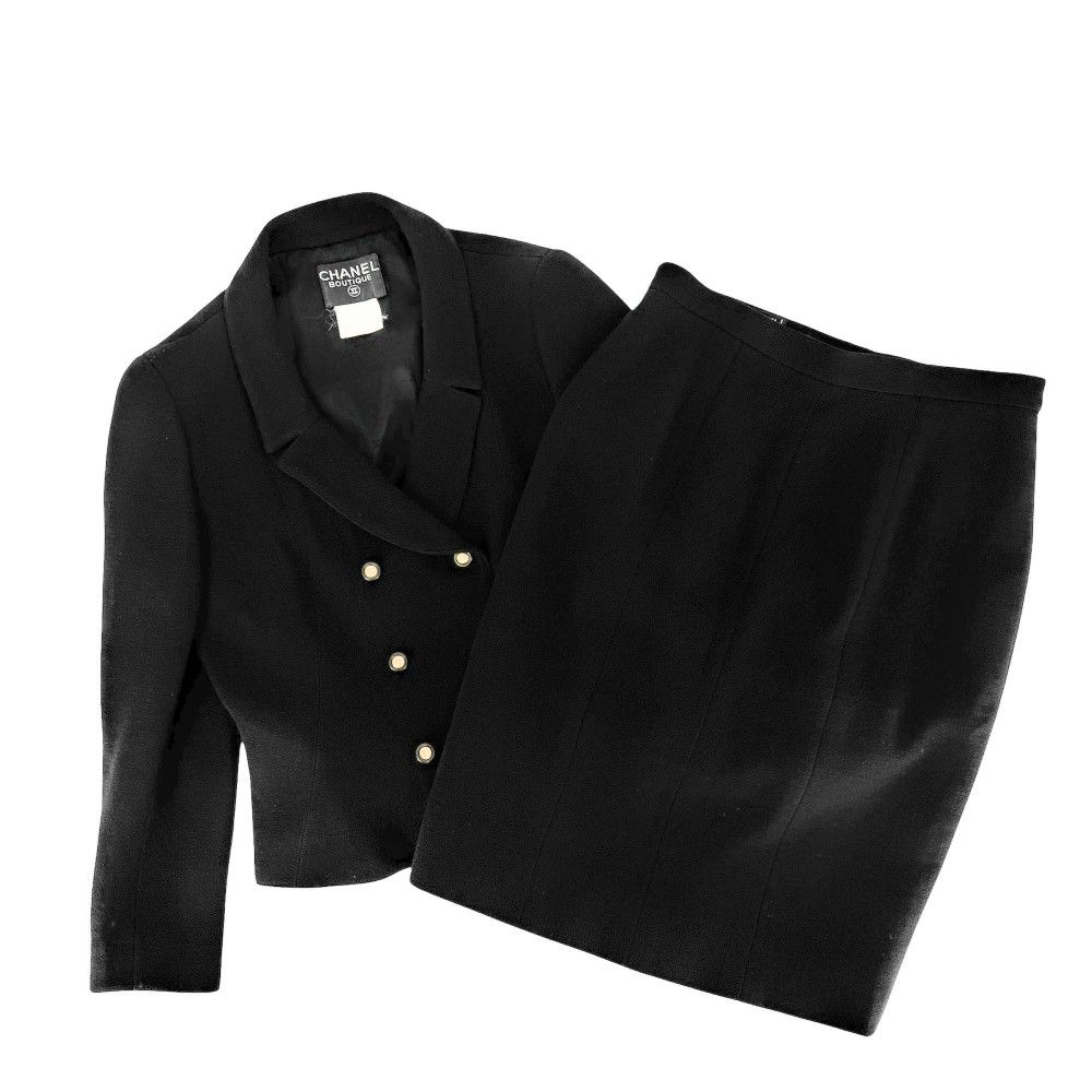 Chanel Set Jacket Skirt Vintage CC Logo 42 Black Silver Wool