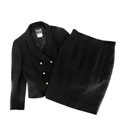 Chanel Set Jacket Skirt Vintage CC Logo 42 Black Silver Wool