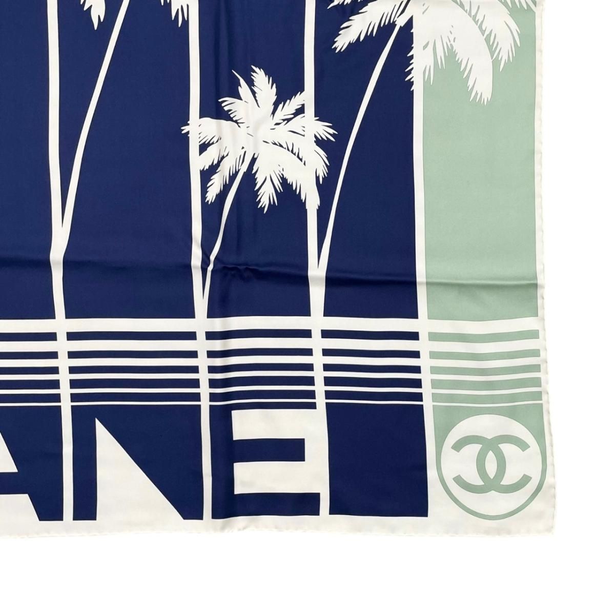 Chanel Silk Scarf Palm Tree Logo Blue White Green Pink — view 6