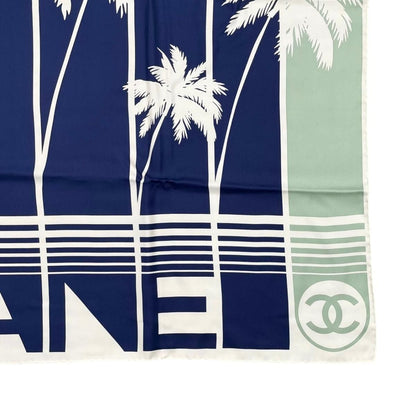 Chanel Silk Scarf Palm Tree Logo Blue White Green Pink — view 6