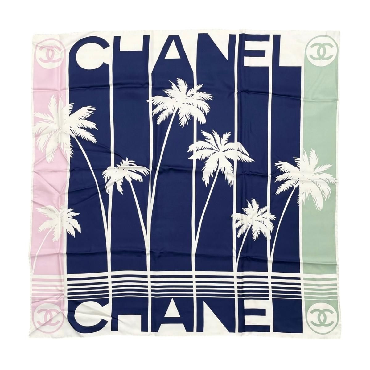 Chanel Silk Scarf Palm Tree Logo Blue White Green Pink