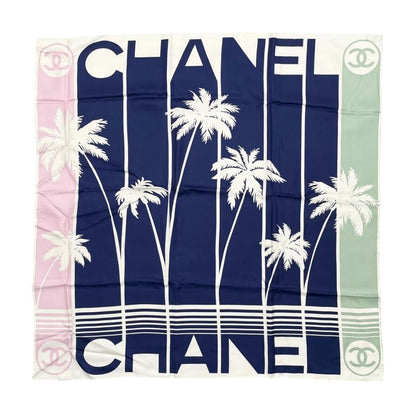 Chanel Silk Scarf Palm Tree Logo Blue White Green Pink