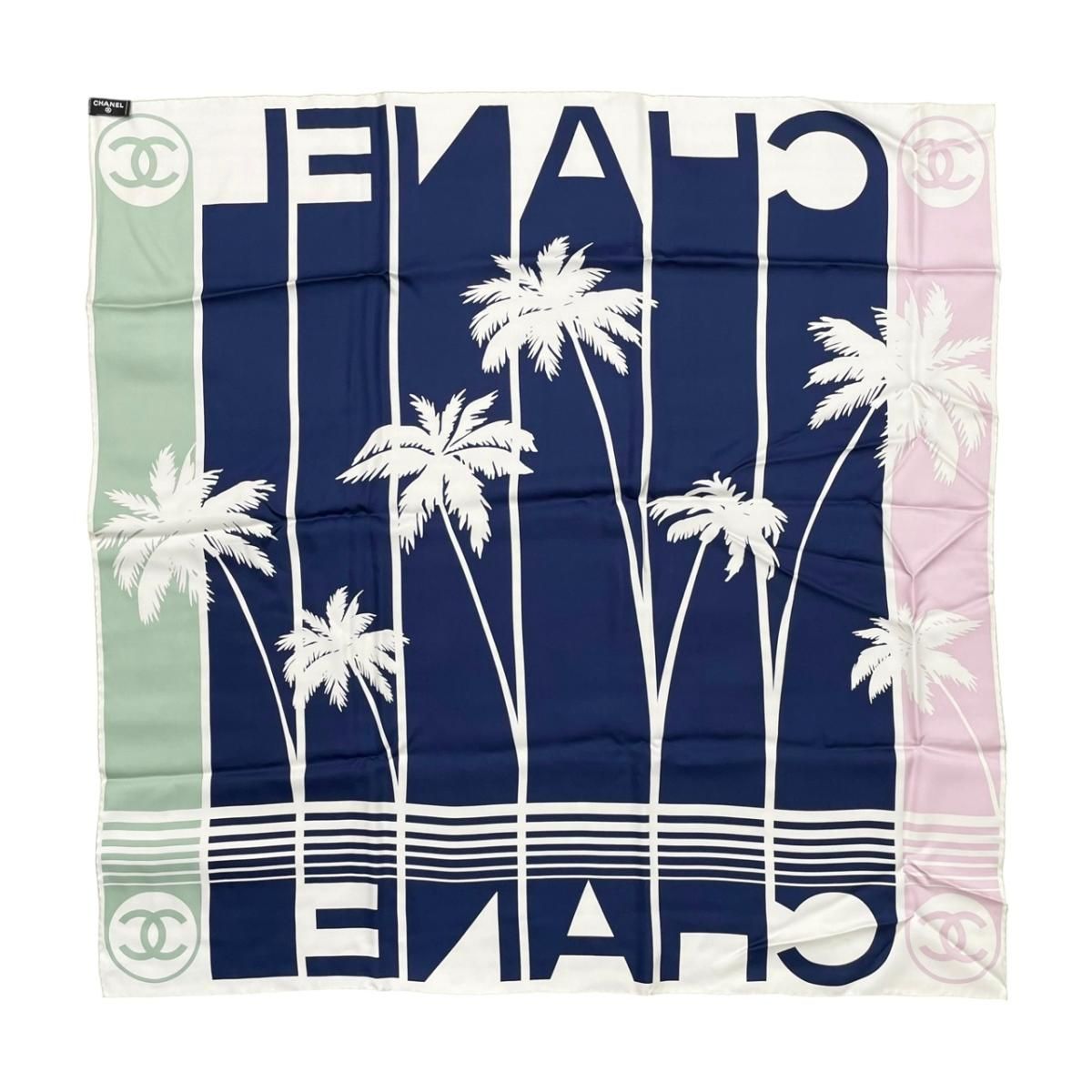 Chanel Silk Scarf Palm Tree Logo Blue White Green Pink — view 2