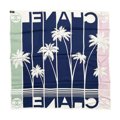Chanel Silk Scarf Palm Tree Logo Blue White Green Pink — view 2