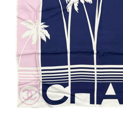 Chanel Silk Scarf Palm Tree Logo Blue White Green Pink — view 5