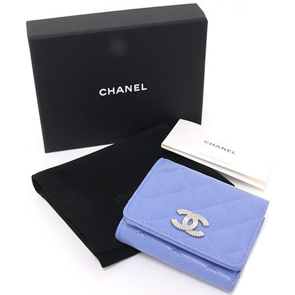 Chanel Flap Wallet Tri Foldwallet Quilted CC Logo Caviar Leather Blue Silver — view 2
