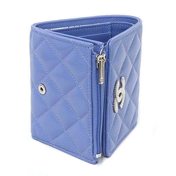 Chanel Flap Wallet Tri Foldwallet Quilted CC Logo Caviar Leather Blue Silver — view 3