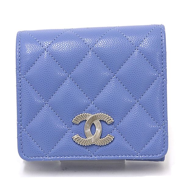 Chanel Flap Wallet Tri Foldwallet Quilted CC Logo Caviar Leather Blue Silver