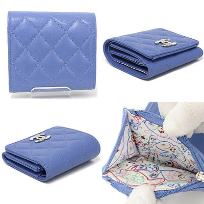 Chanel Flap Wallet Tri Foldwallet Quilted CC Logo Caviar Leather Blue Silver — view 6
