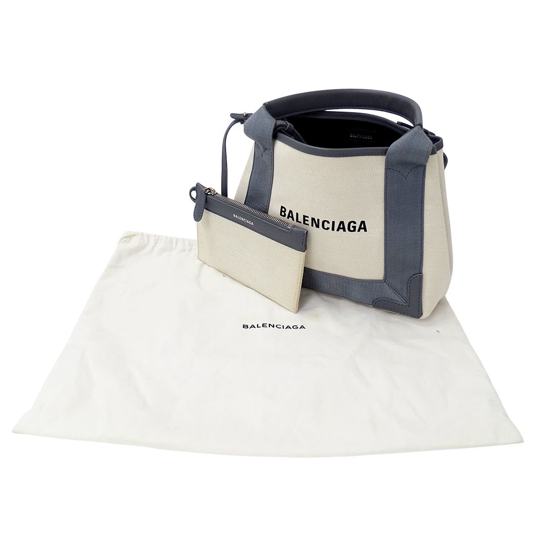 Balenciaga 2-Way Shoulder Bag Navy Cabas XS Canvas Gray Beige Small Logo — view 7