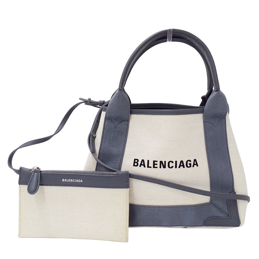 Balenciaga 2-Way Shoulder Bag Navy Cabas XS Canvas Gray Beige Small Logo