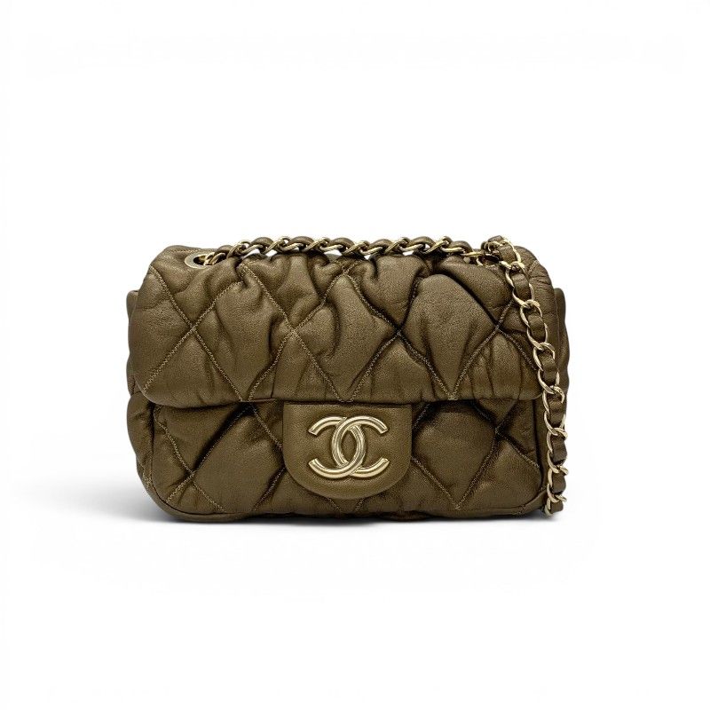 Chanel Shoulder Bag Brown Gold Quilted CC Logo Bubble Quilt Double Chain