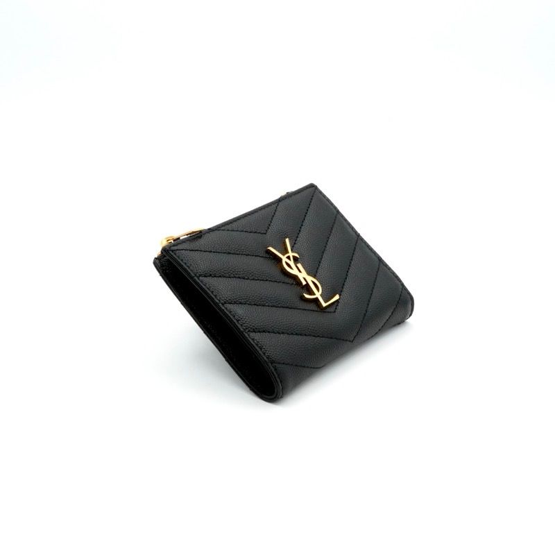 Saint Laurent Wallet Bifold Mini Black Gold Zip Stitch YSL Logo Quilted — view 2