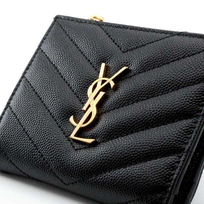 Saint Laurent Wallet Bifold Mini Black Gold Zip Stitch YSL Logo Quilted — view 4