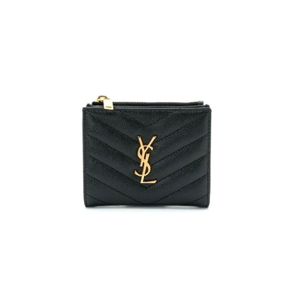 Saint Laurent Wallet Bifold Mini Black Gold Zip Stitch YSL Logo Quilted