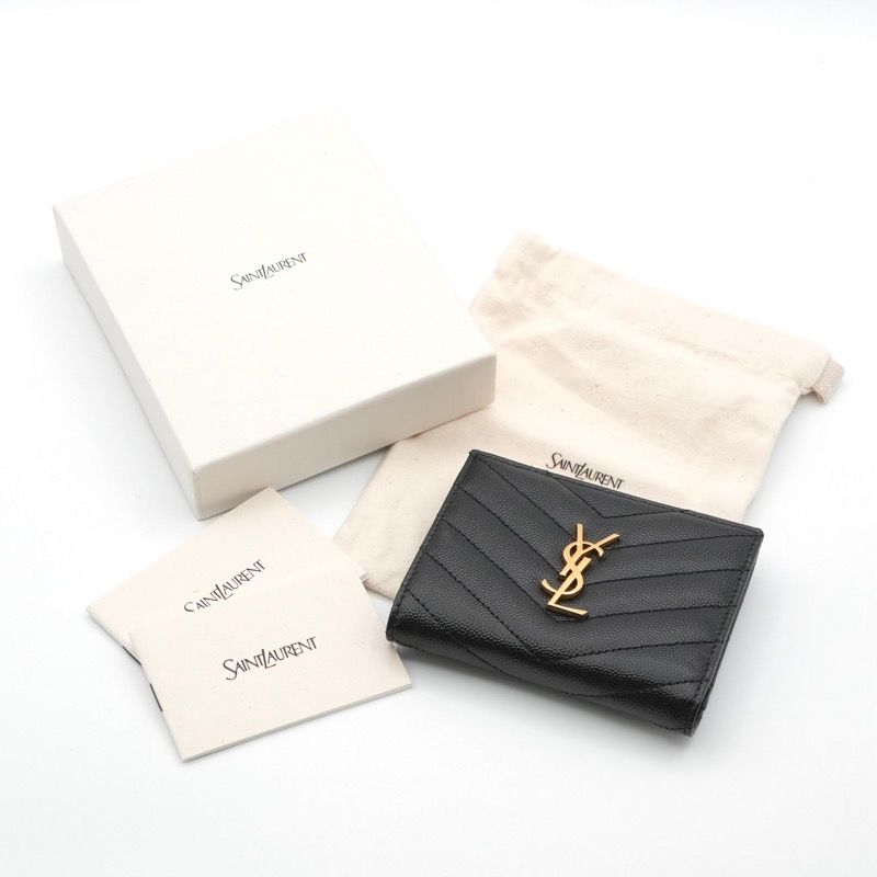 Saint Laurent Wallet Bifold Mini Black Gold Zip Stitch YSL Logo Quilted — view 7