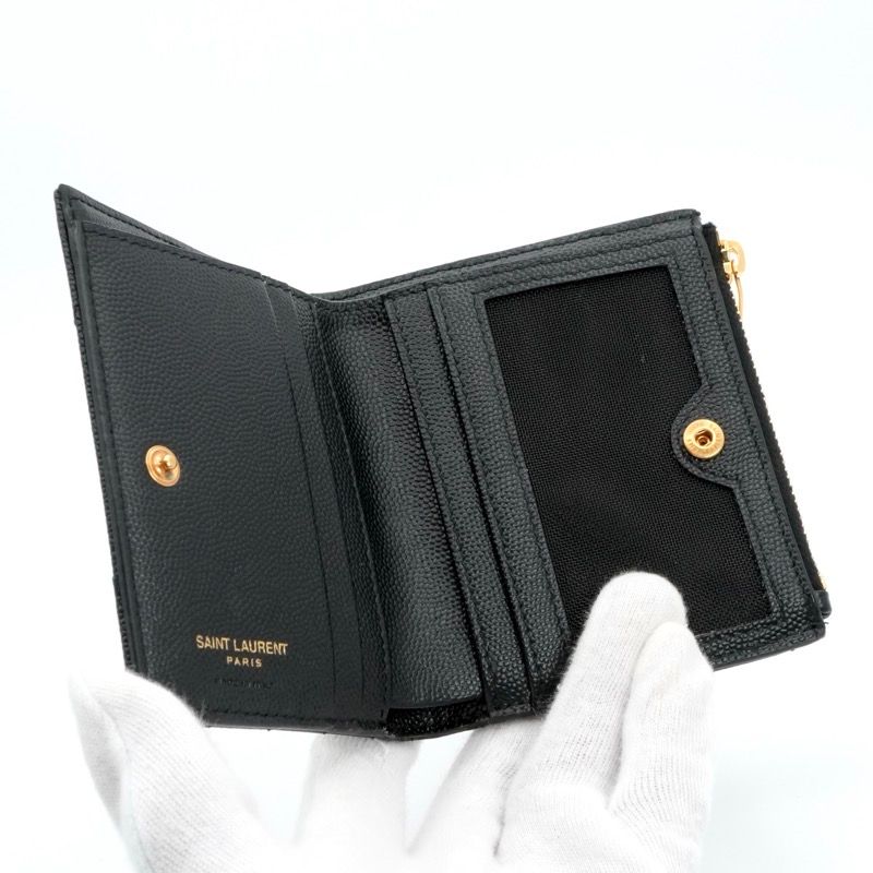 Saint Laurent Wallet Bifold Mini Black Gold Zip Stitch YSL Logo Quilted — view 5