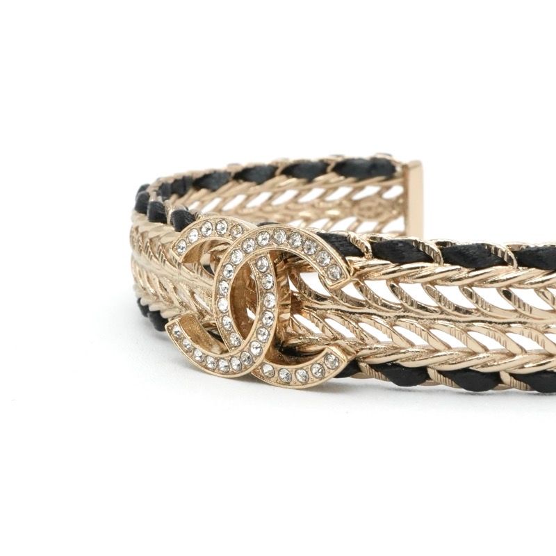 Chanel Bracelet Bangle Calfskin Gold CC Logo Rhinestone Leather — view 5
