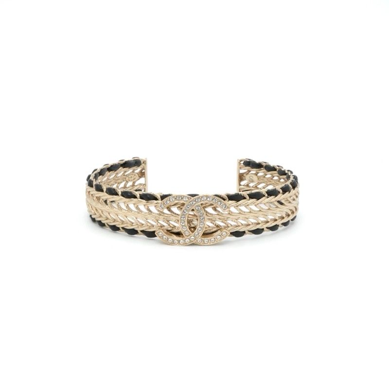 Chanel Bracelet Bangle Calfskin Gold CC Logo Rhinestone Leather — view 2