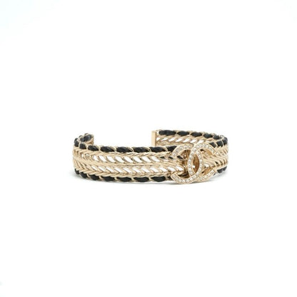 Chanel Bracelet Bangle Calfskin Gold CC Logo Rhinestone Leather