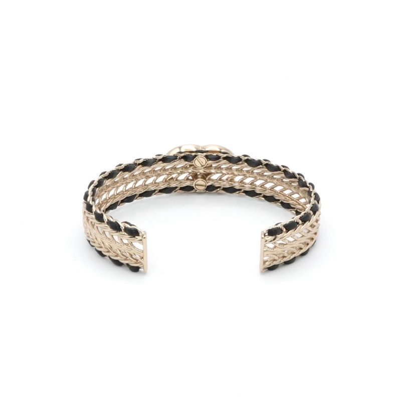 Chanel Bracelet Bangle Calfskin Gold CC Logo Rhinestone Leather — view 4