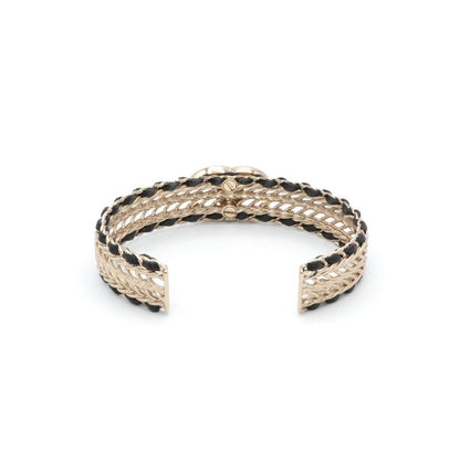 Chanel Bracelet Bangle Calfskin Gold CC Logo Rhinestone Leather — view 4