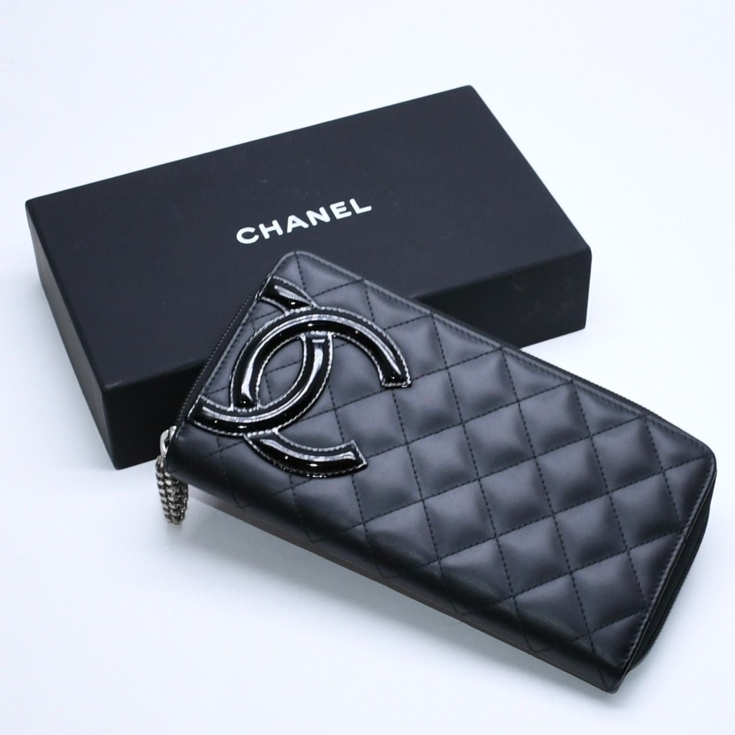 Chanel Cambon Line Round Zip Wallet Calfskin Black Silver