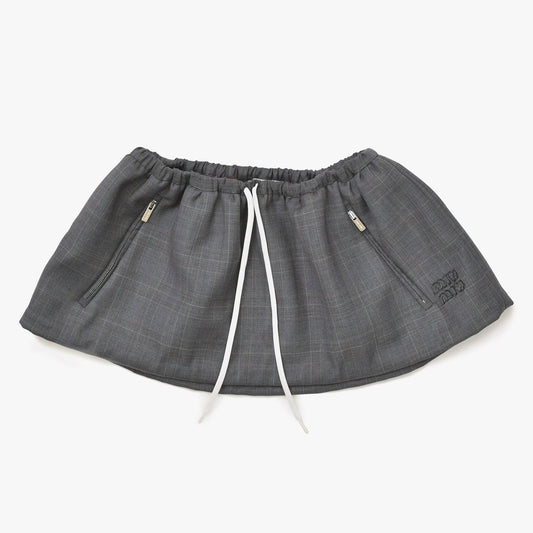 Miu Miu Drawstring Prince of Wales Check Mini Skirt Glen Plaid Gray Brown Silver