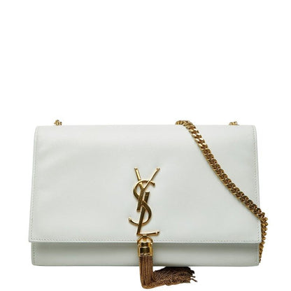 Saint Laurent YSL Logo Kate Crossbody Chain Shoulder Bag Tassel White Leather