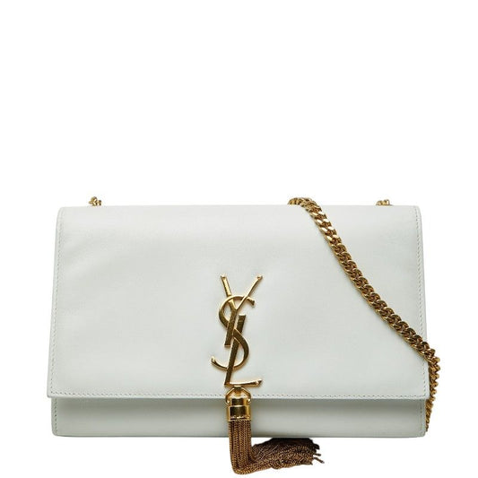 Saint Laurent YSL Logo Kate Crossbody Chain Shoulder Bag Tassel White Leather