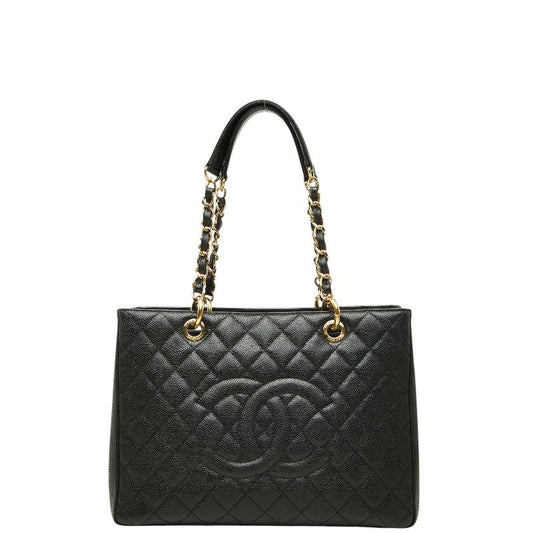 Chanel CC Logo Grand Shopping Tote GST Chain Shoulder Bag Black Caviar Leather