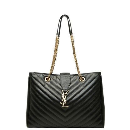 Saint Laurent Cassandra YSL Logo Chain Tote Shoulder Bag Black Leather