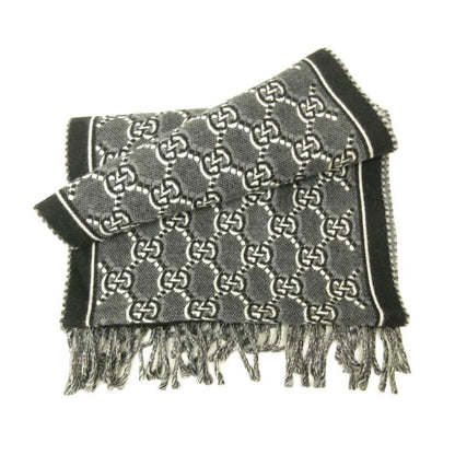 Gucci GG Shadow Jacquard Scarf All Over Pattern Wool Fringe Black Gray — view 3