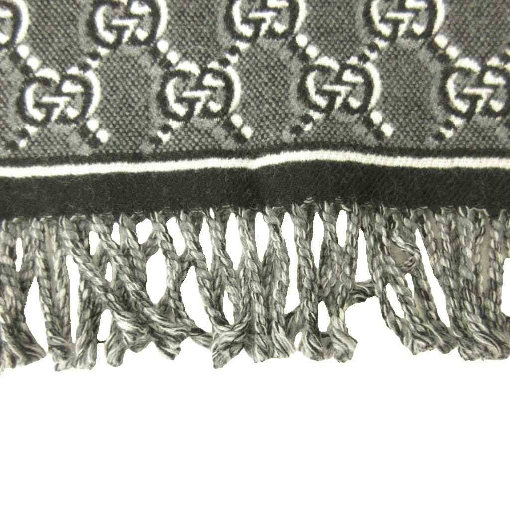Gucci GG Shadow Jacquard Scarf All Over Pattern Wool Fringe Black Gray — view 5