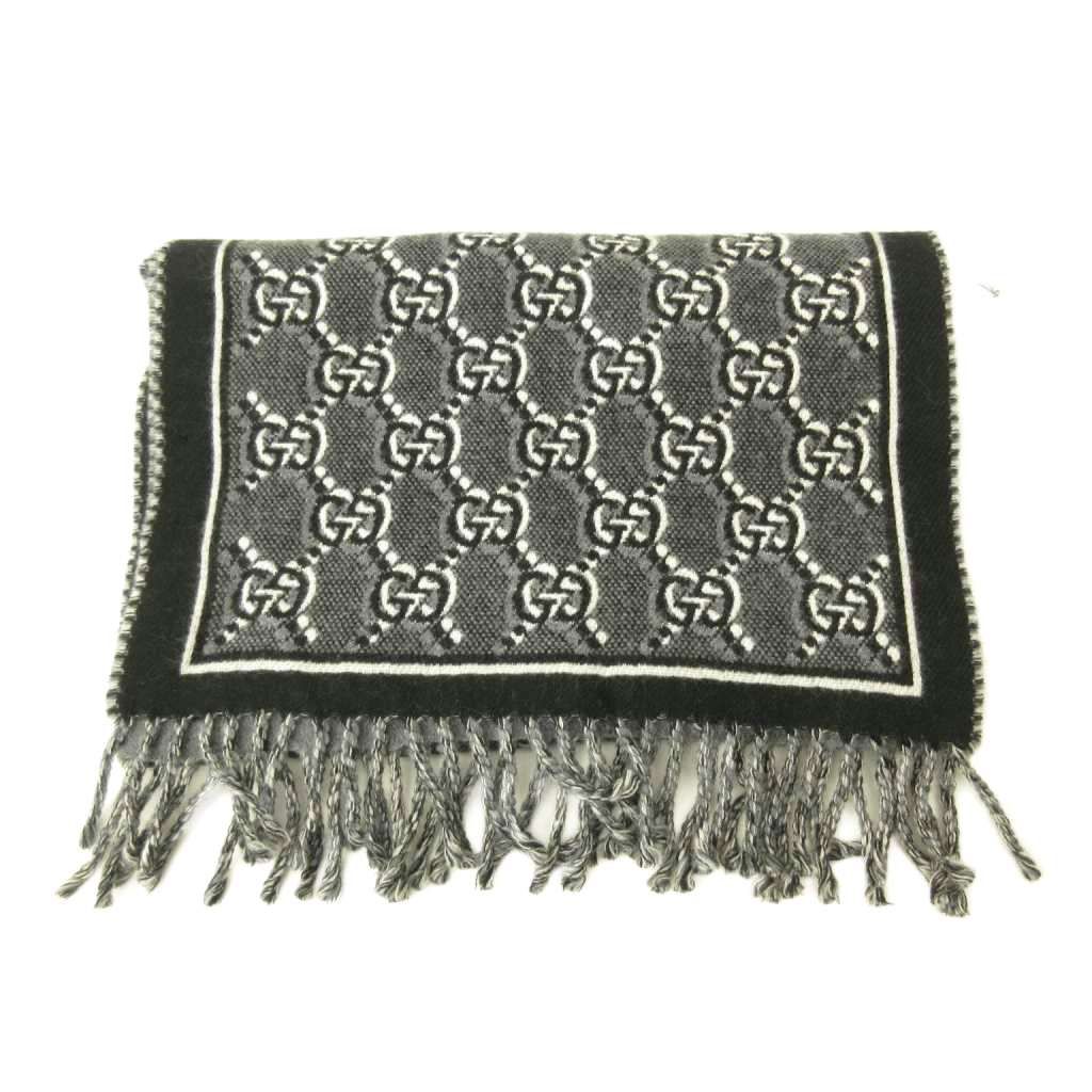 Gucci GG Shadow Jacquard Scarf All Over Pattern Wool Fringe Black Gray — view 2