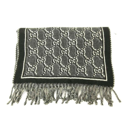 Gucci GG Shadow Jacquard Scarf All Over Pattern Wool Fringe Black Gray — view 2