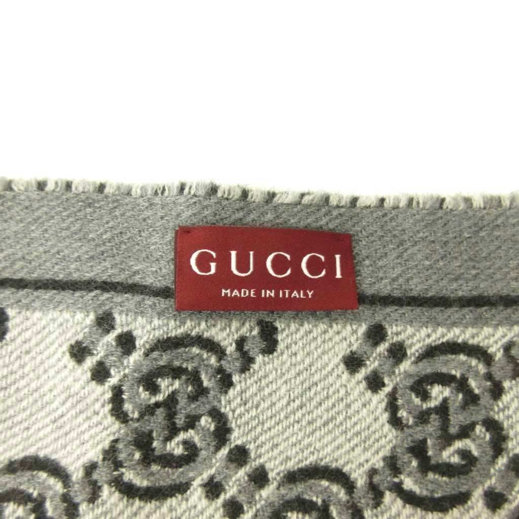 Gucci GG Shadow Jacquard Scarf All Over Pattern Wool Fringe Black Gray — view 6