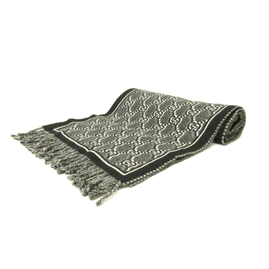 Gucci GG Shadow Jacquard Scarf All Over Pattern Wool Fringe Black Gray