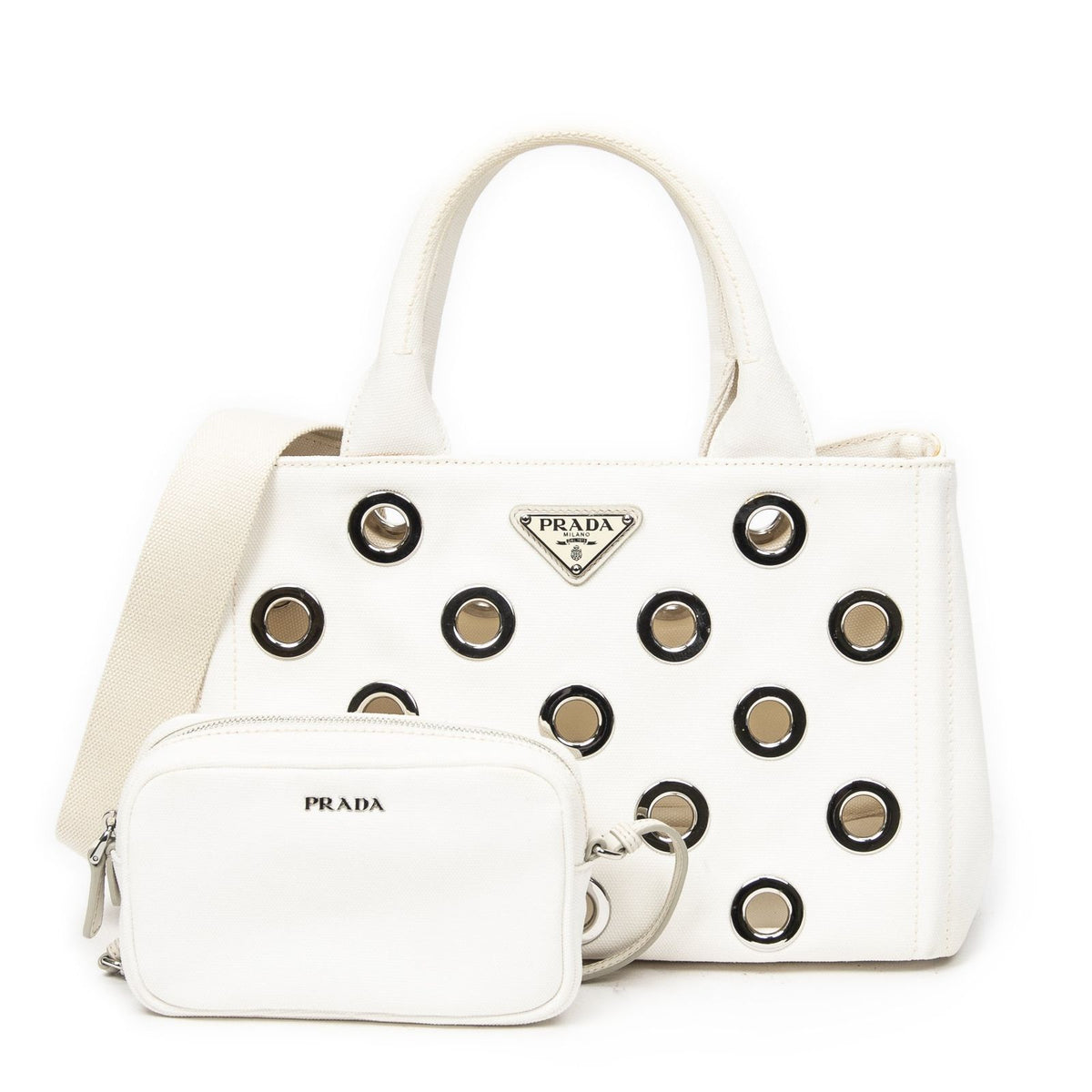 Prada Canapa Tote Bag Ivory Grommet Canvas