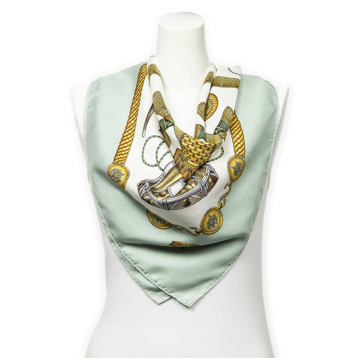 Hermes Scarf Lightgreen Ivory 100% Twillsilk