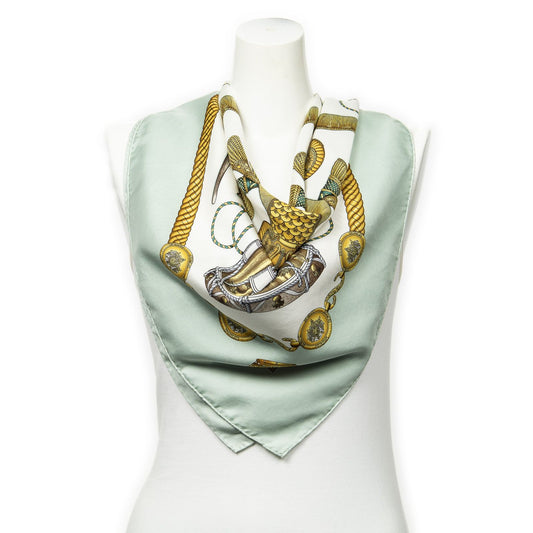 Hermes Scarf Lightgreen Ivory 100% Twillsilk