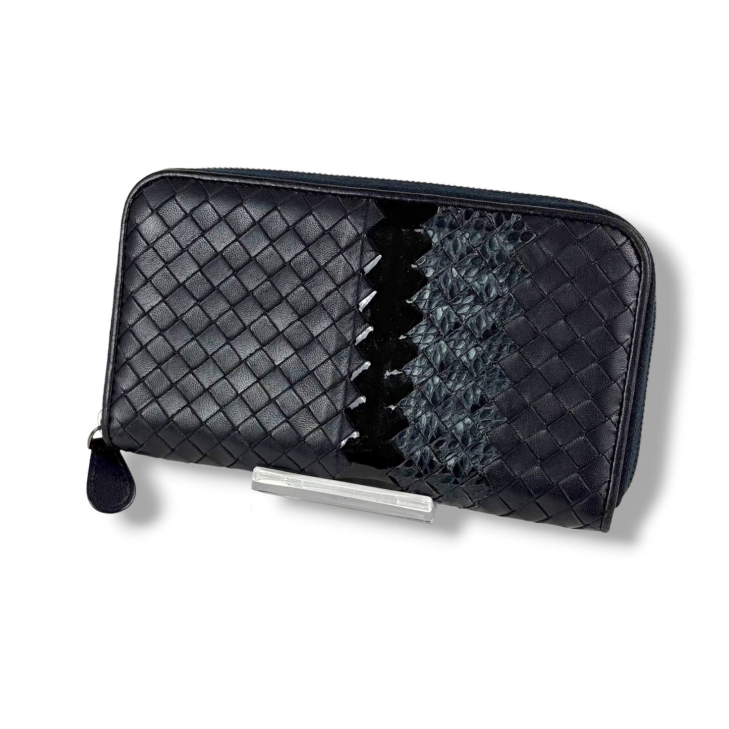 Bottega Veneta Wallet Round Zippy Black Intrecciato Leather Patent — view 3