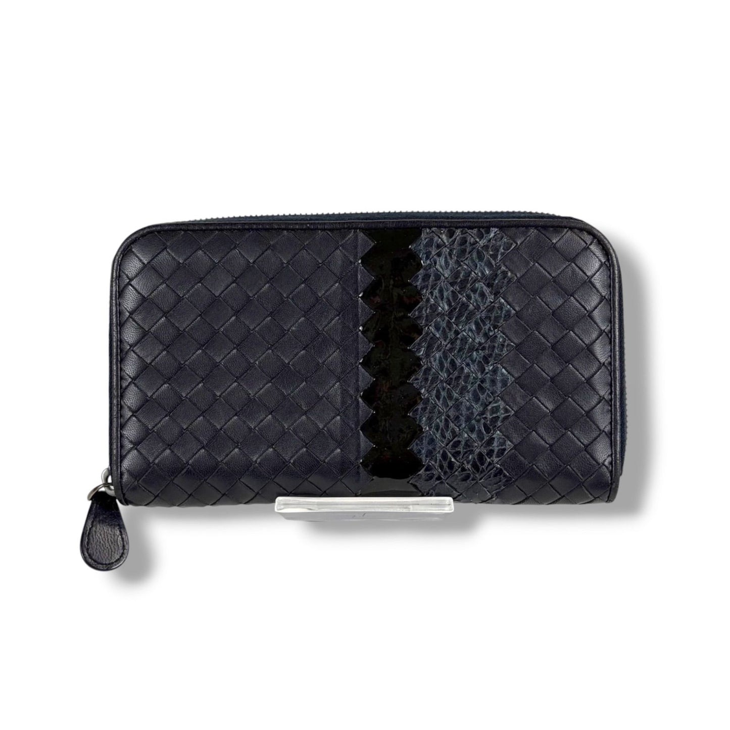 Bottega Veneta Wallet Round Zippy Black Intrecciato Leather Patent