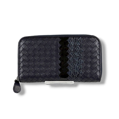 Bottega Veneta Wallet Round Zippy Black Intrecciato Leather Patent