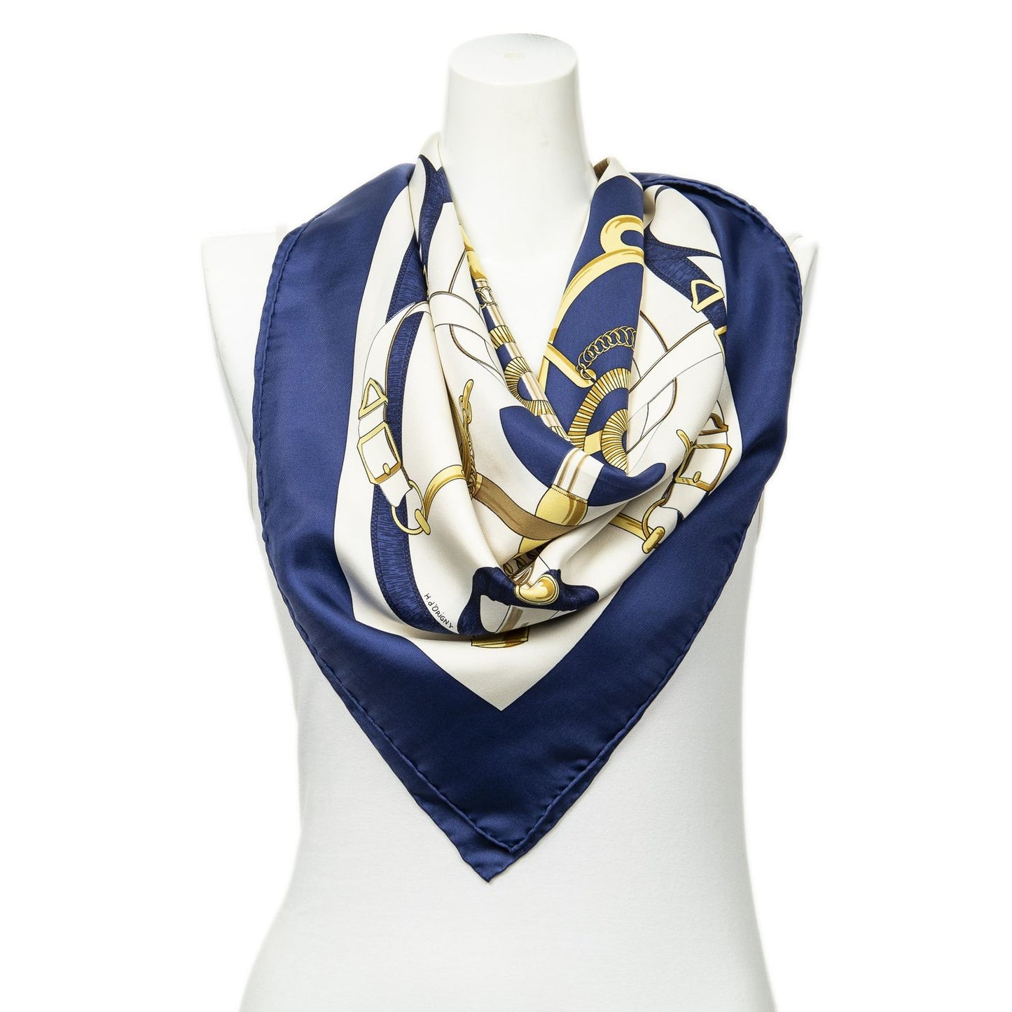 Hermes Scarf Navy Beige 100% Twillsilk