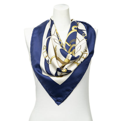 Hermes Scarf Navy Beige 100% Twillsilk